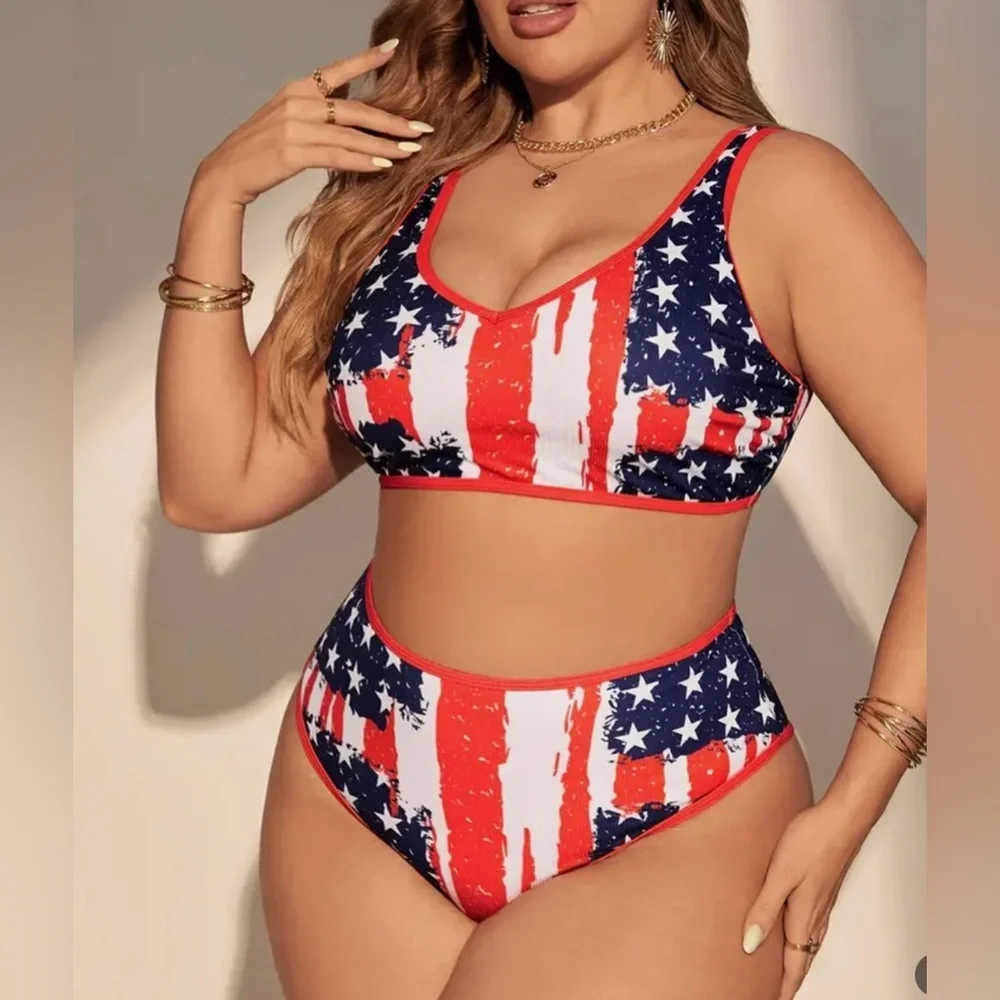 Plus Size American Flag Stars Stripes High Waisted Bikini Set